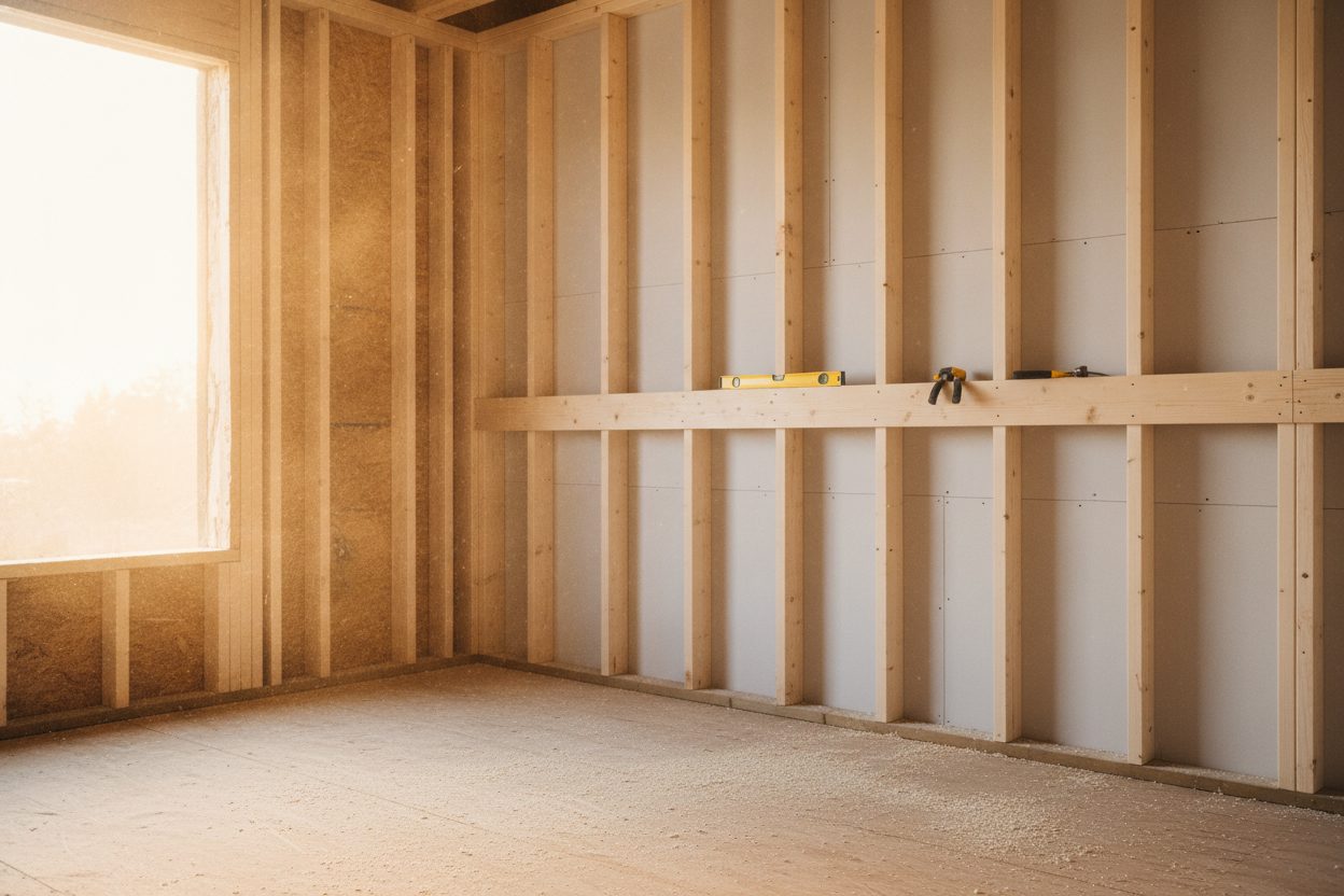 A room mid-renovation in daylight: exposed wood stud framing and fresh drywall, with a level and tools resting on a horizontal board.