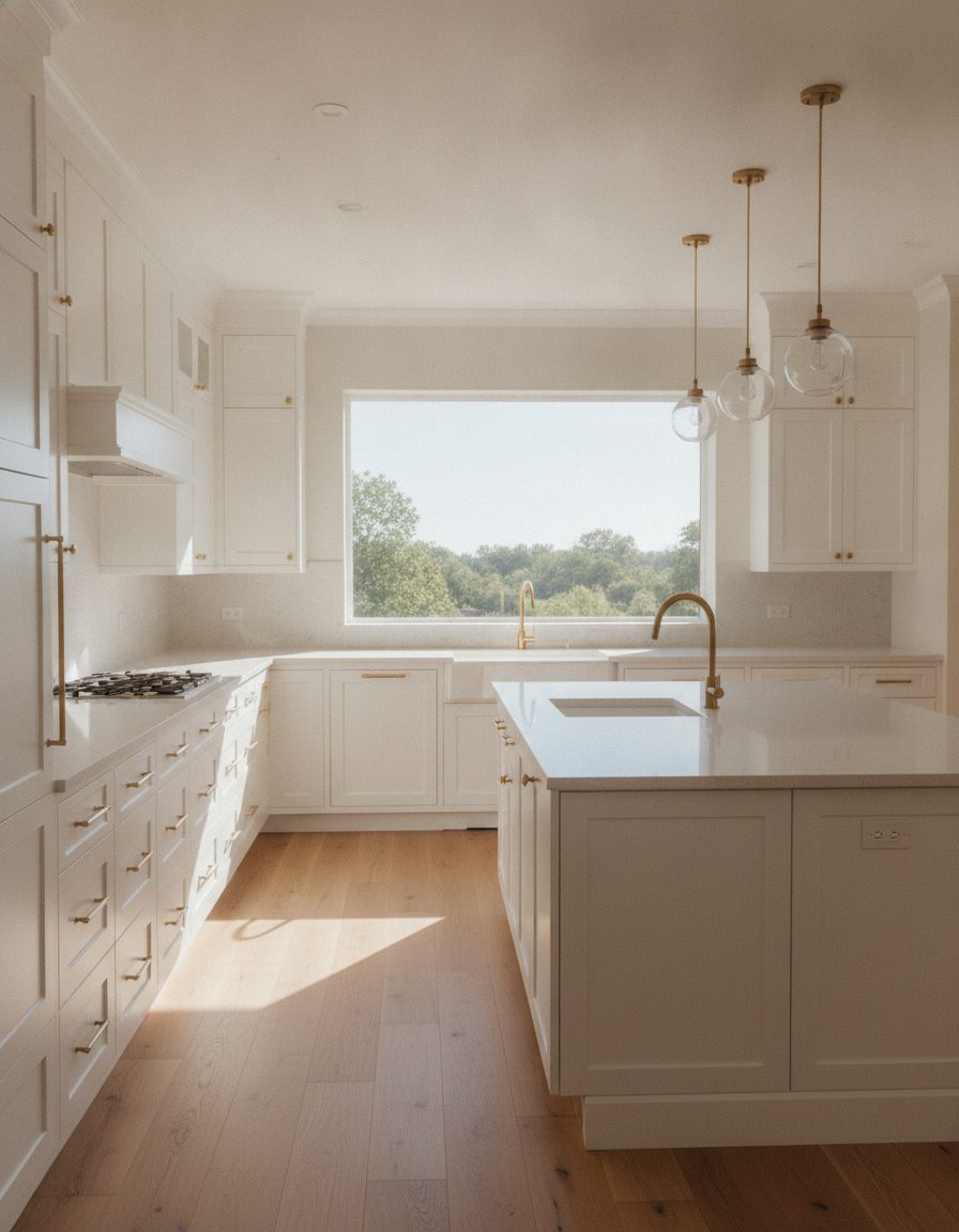 A bright, sunlit finished kitchen remodel with white shaker cabinets, warm oak flooring and pale stone counters.