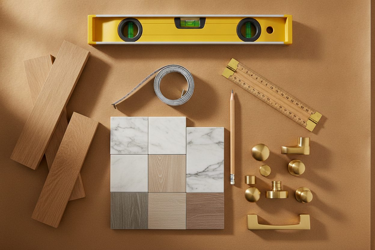 A flat-lay of remodeling tools and materials: a tape measure, carpenter pencil, level, marble and wood tile samples and brass fixtures on a kraft workbench.